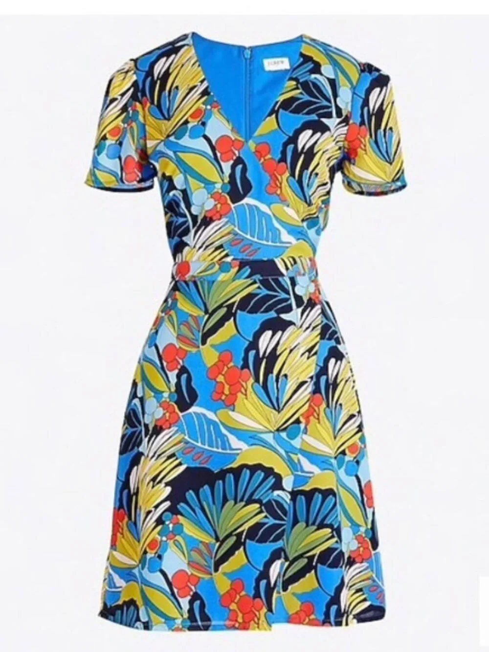 J Crew Blue Tropical Floral Silky Wrap Front Resort Mini Dress size 4